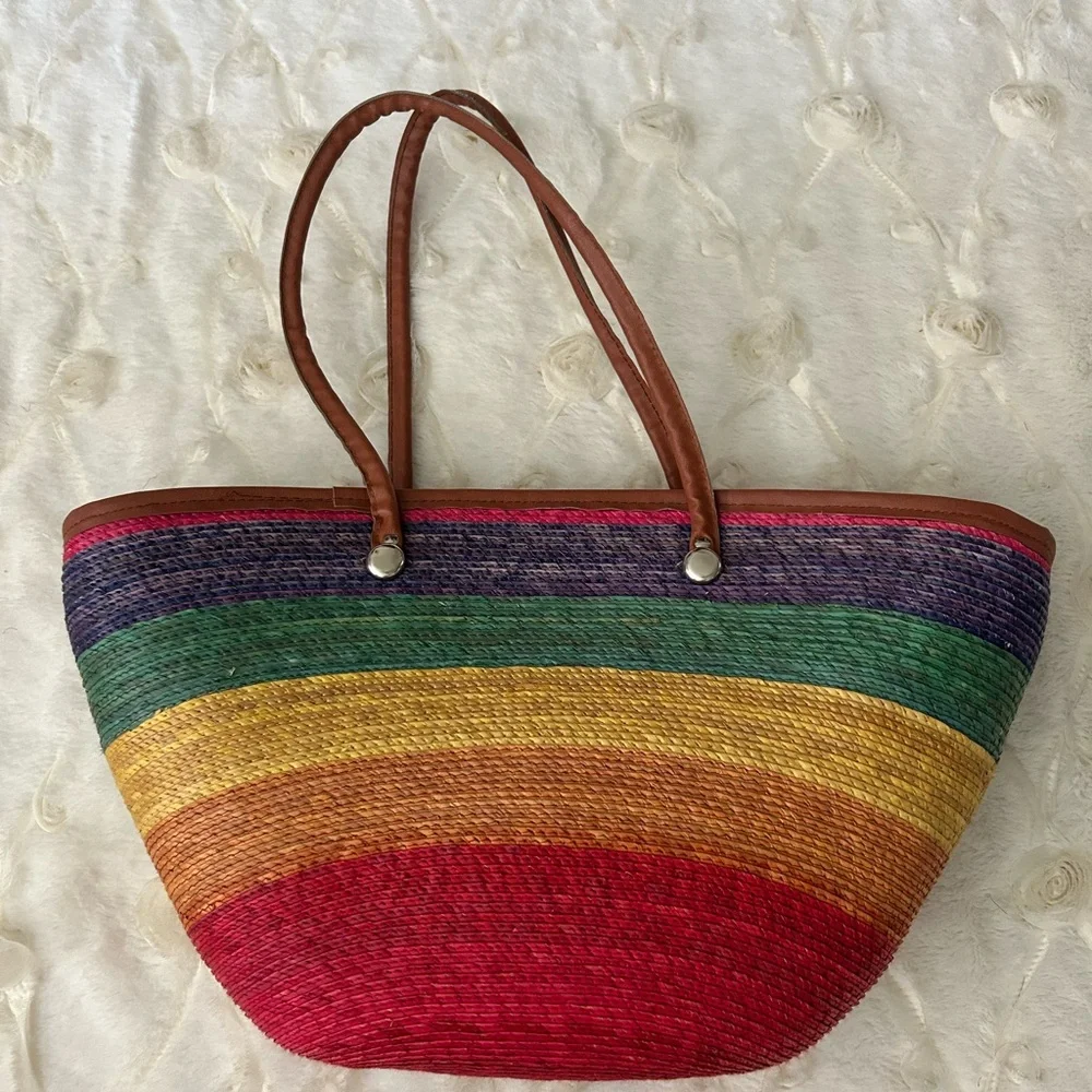 🌈 Woven Multicolor Rainbow Pride Straw Tote Bag with Brown Trim Gay Lesbian - Picture 2 of 3